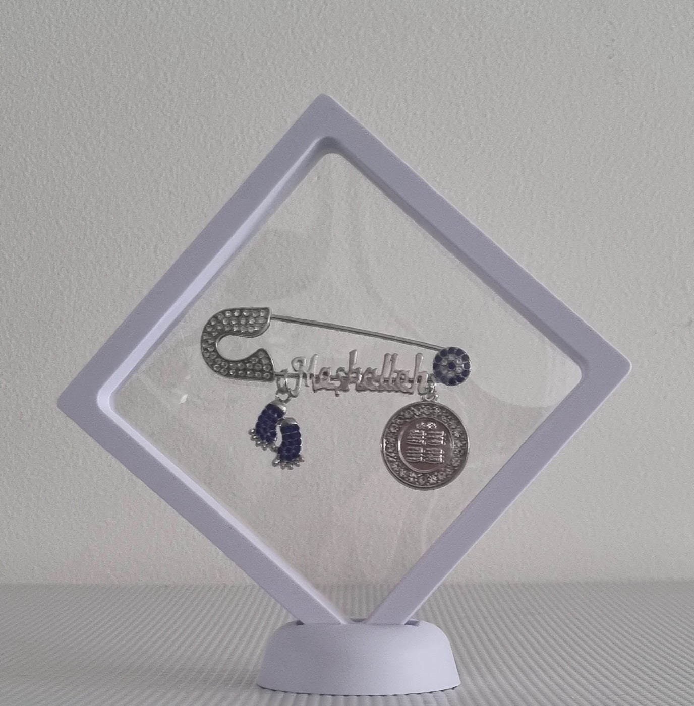 Premade silver plated Mashallah baby pin, front side