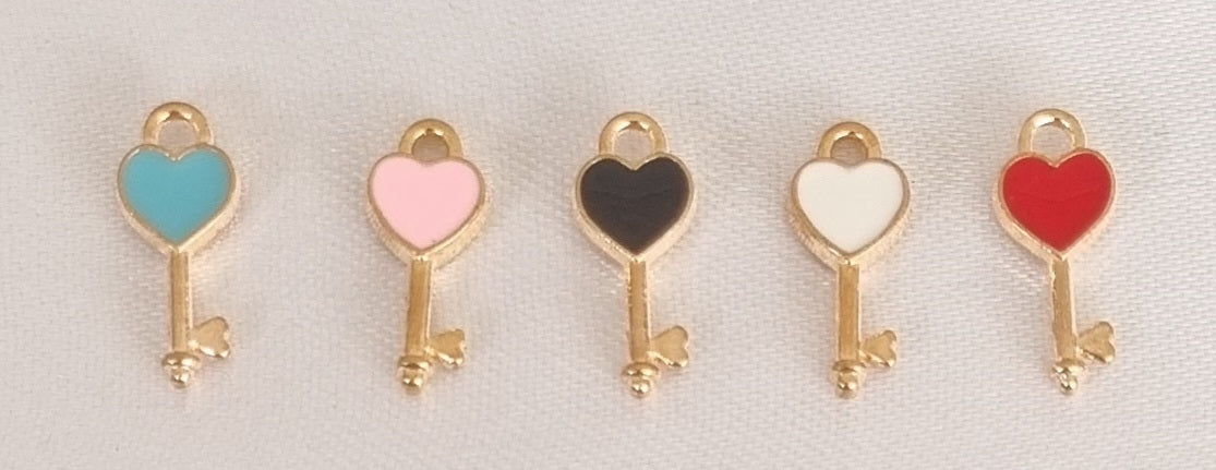 Gold plated mini heart key enamel charm, front side