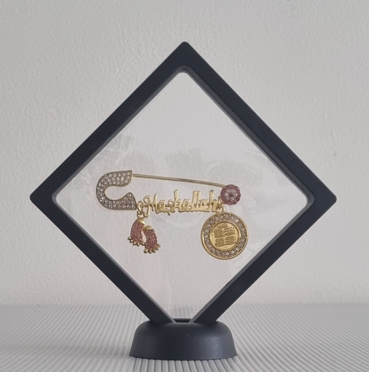 Premade gold plated Mashallah baby pin,  front side