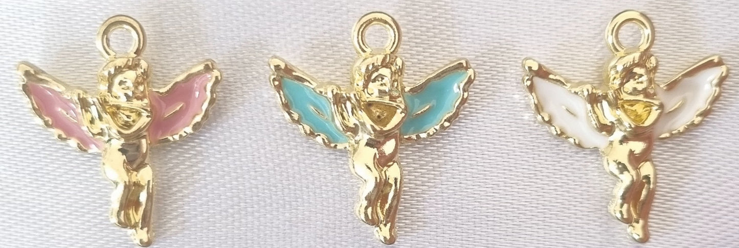 Gold plated enamel angel charm, front side