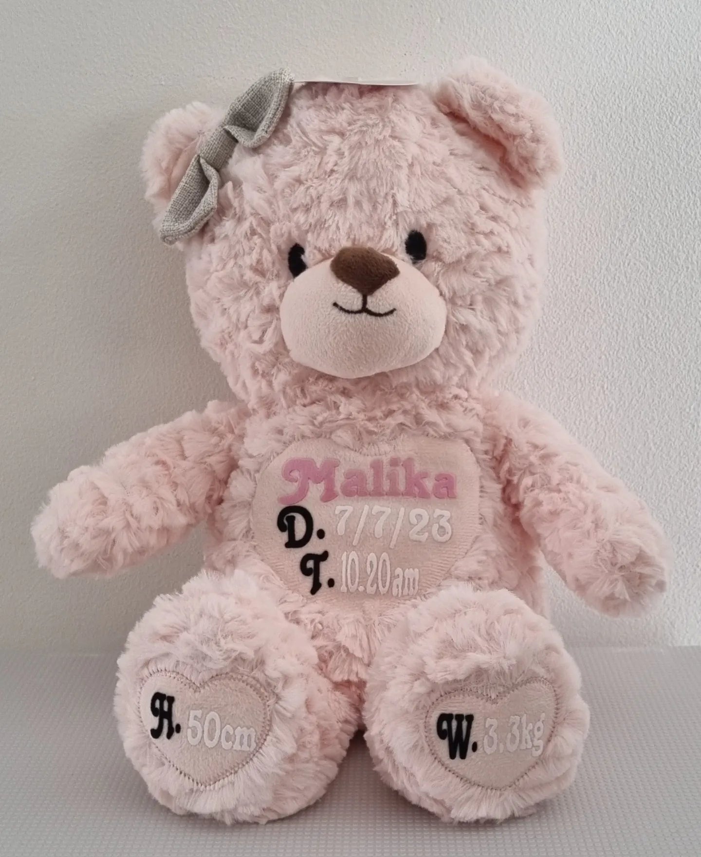 Birth announcement plush teddy, front side