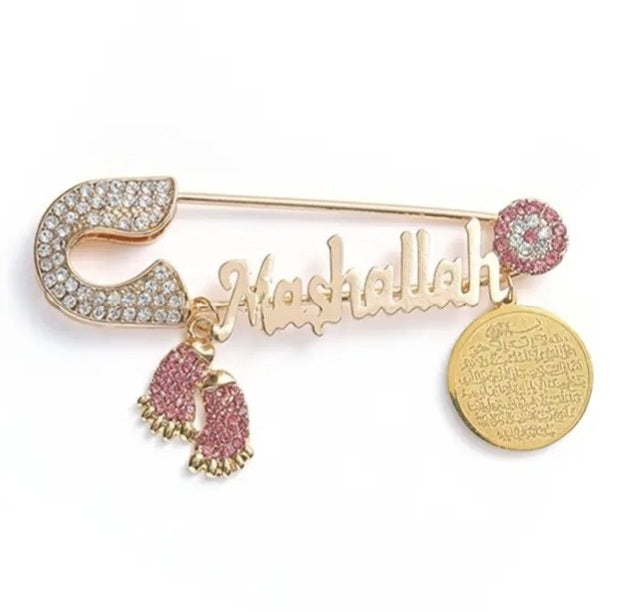 Premade gold plated pink MASHALLAH baby pin