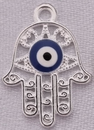 Silver plated evil eye hamsa charm, front side