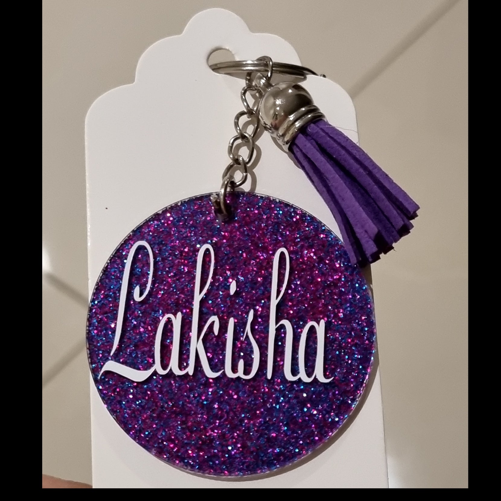 Personalised glitter keyring, front side